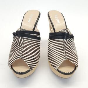 Vtg Hype Miami Heel 7 Zebra Hair On Leather Bow Slide Peep Toe Boho 90s 4.5"H